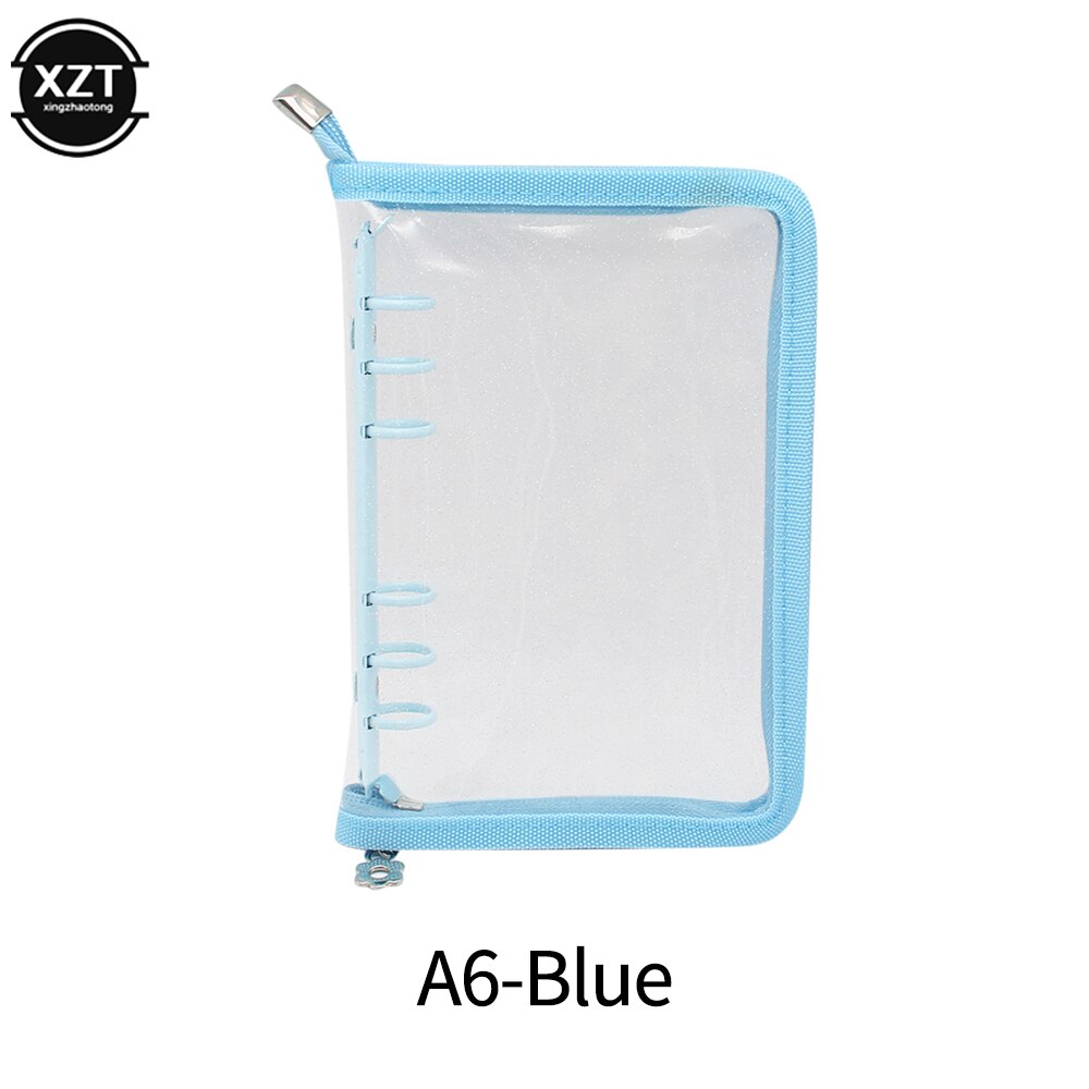 A5 A6 Loose-Leaf Notebook Cover Glitter Zipper PVC Notebook Korean Stationery Diary 6 Hole Binder Clip Notebook Office Planner: A6-BLUE