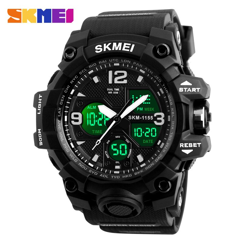 Skmei luminous dual display herre sportsure mandlige quartz armbåndsur stopur automatisk dato alarm elektronisk ur 1155b farve: Sort
