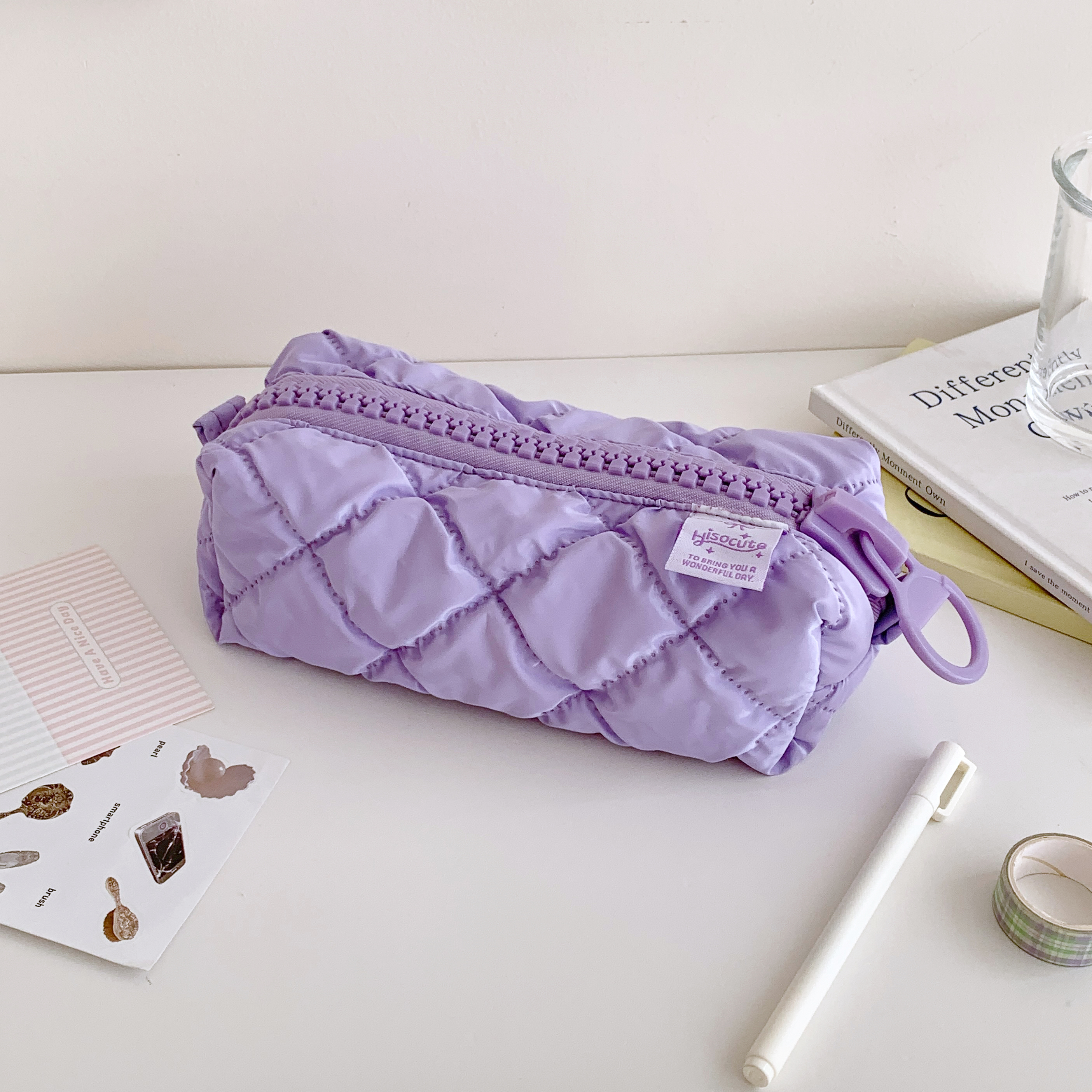 Estuche para lápices con cremallera grande y acolchado suave, bolsa de almacenamiento estacionaria escolar, bolsa para bolígrafos de gran capacidad: Borgoña
