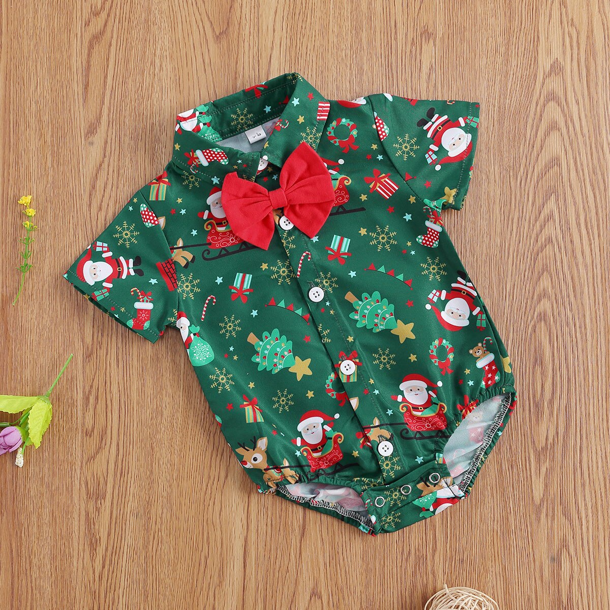 Infant Baby Girls Boys One-Pieces Bodysuits Christmas Santa Print Short Sleeve Bow Tie Gentleman Party Jumpsuits XMAS 0-24M