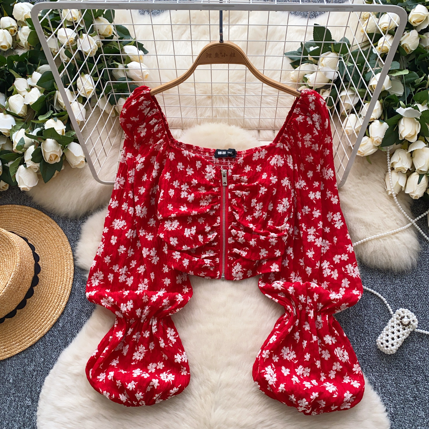 Elegant sexig söt plisserad t-shirt med dragkedja och tryck, crop top, vintage-t-shirts för kvinnor, vår- och sommartröja: Röd