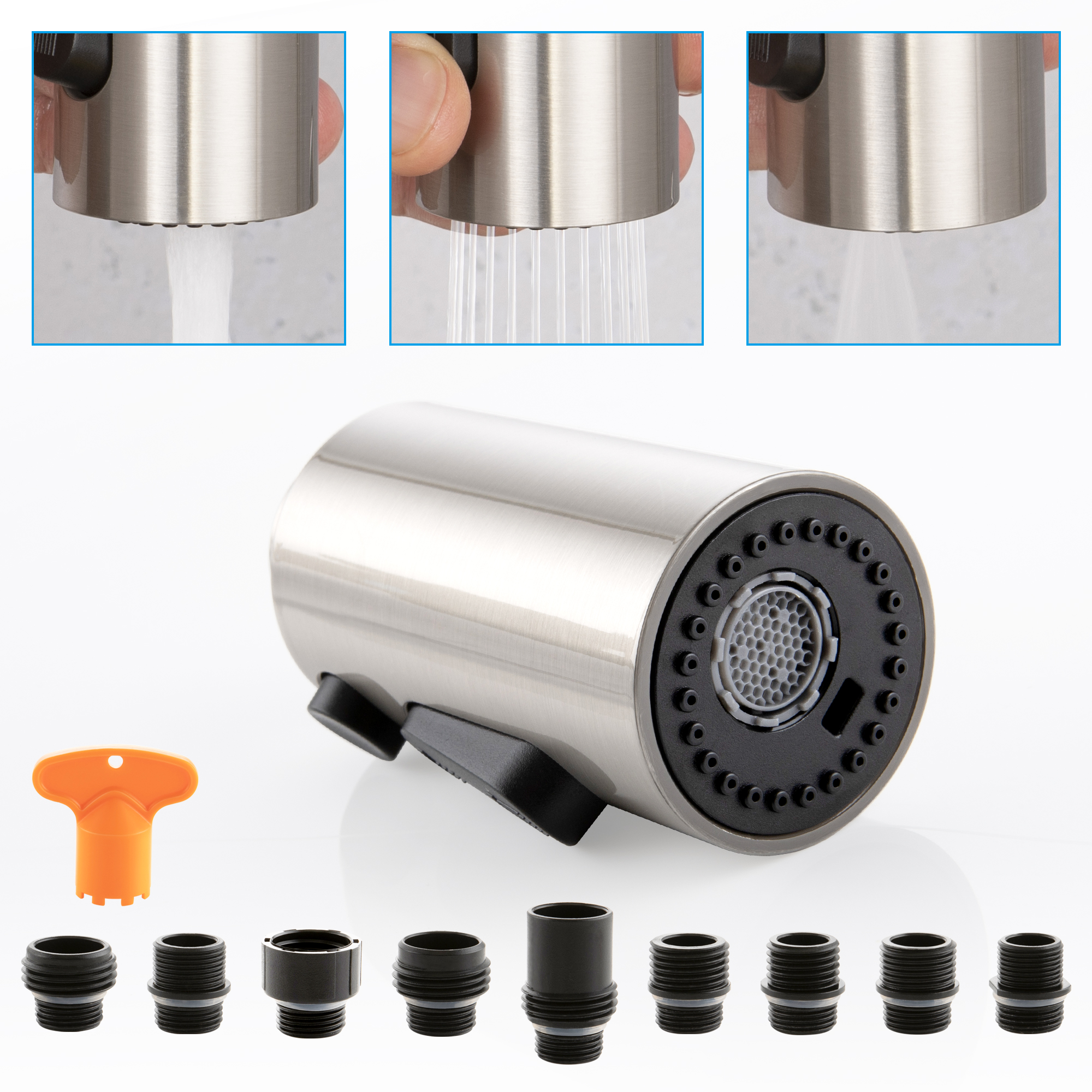 SKOWLL 3-Function Kitchen Sink Spray Nozzle Pull Down Faucet Head Replacement with 9 Adapters, Matte Black: WHITE