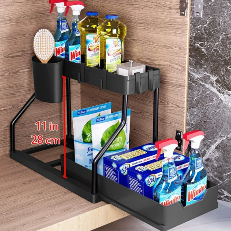 Under Sink Organizer Sliding Drawer 2 Layer Pull Out Multifunctional Shelf Kitchen Storage Organizer Bathroom Desktop Rack: Red