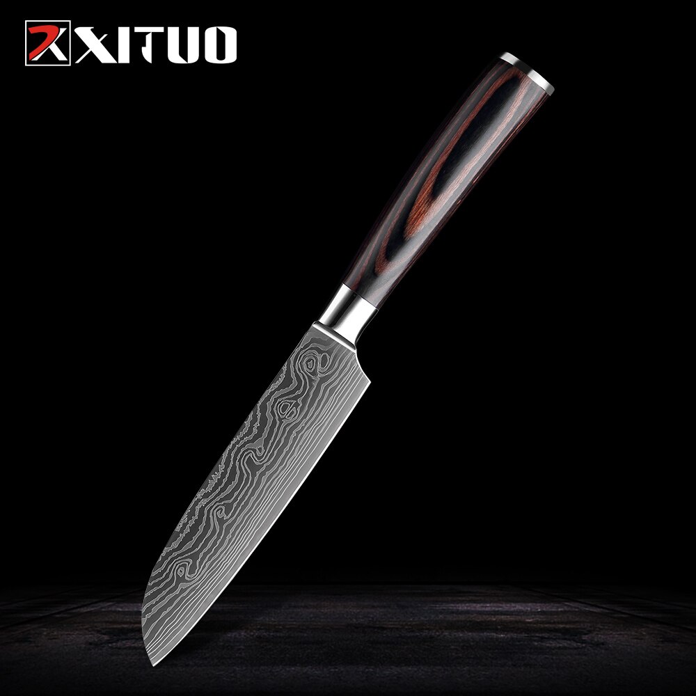 Xituo rustfrit stål køkkenknive sæt japansk kokkniv damaskus stål mønster nytte paring santoku skive kniv sundhed: 5 in santoku knive