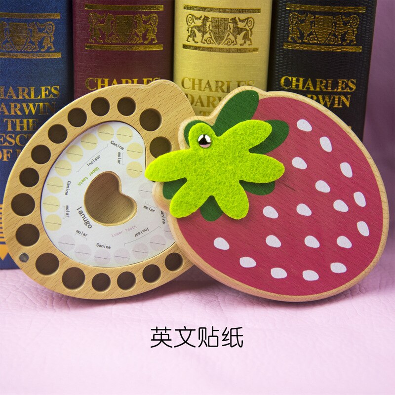 Fresa de madera bebé los dientes de bebé Lanugo dientes de almacenamiento caso colección Souvenirs caja: Strawberry English Adhesive Paper