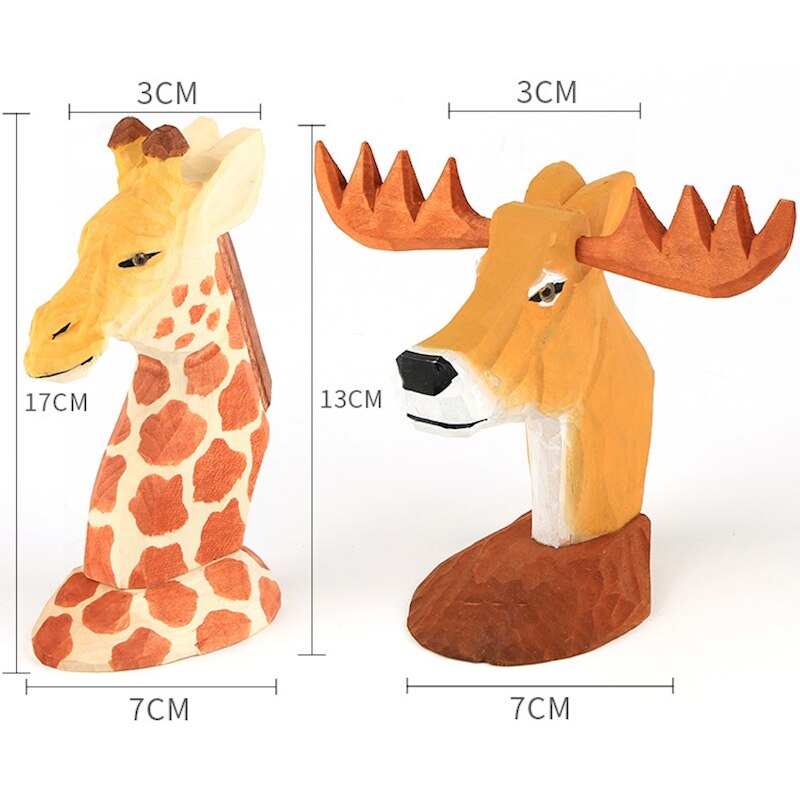 3D Animal Head Wood Carving Toy Ornaments Wood Hand Carved Jewelry Eyeglass Holder Giraffe Elk Office Desk Home Decor