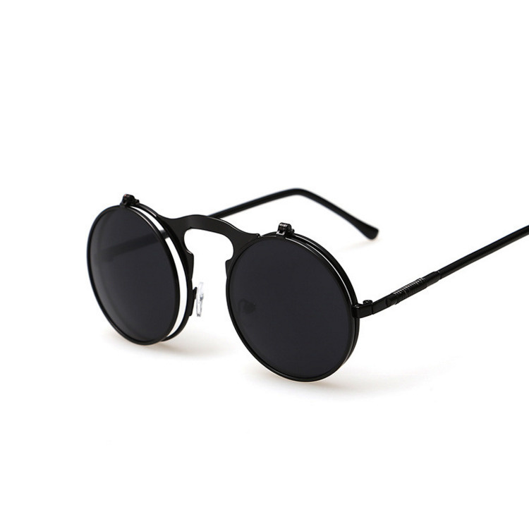 Gafas de sol redondas con tapa Retro para hombre y mujer, lentes de sol de estilo Steampunk de Metal, lentes transparentes circulares dobles para hombre y mujer: Negro