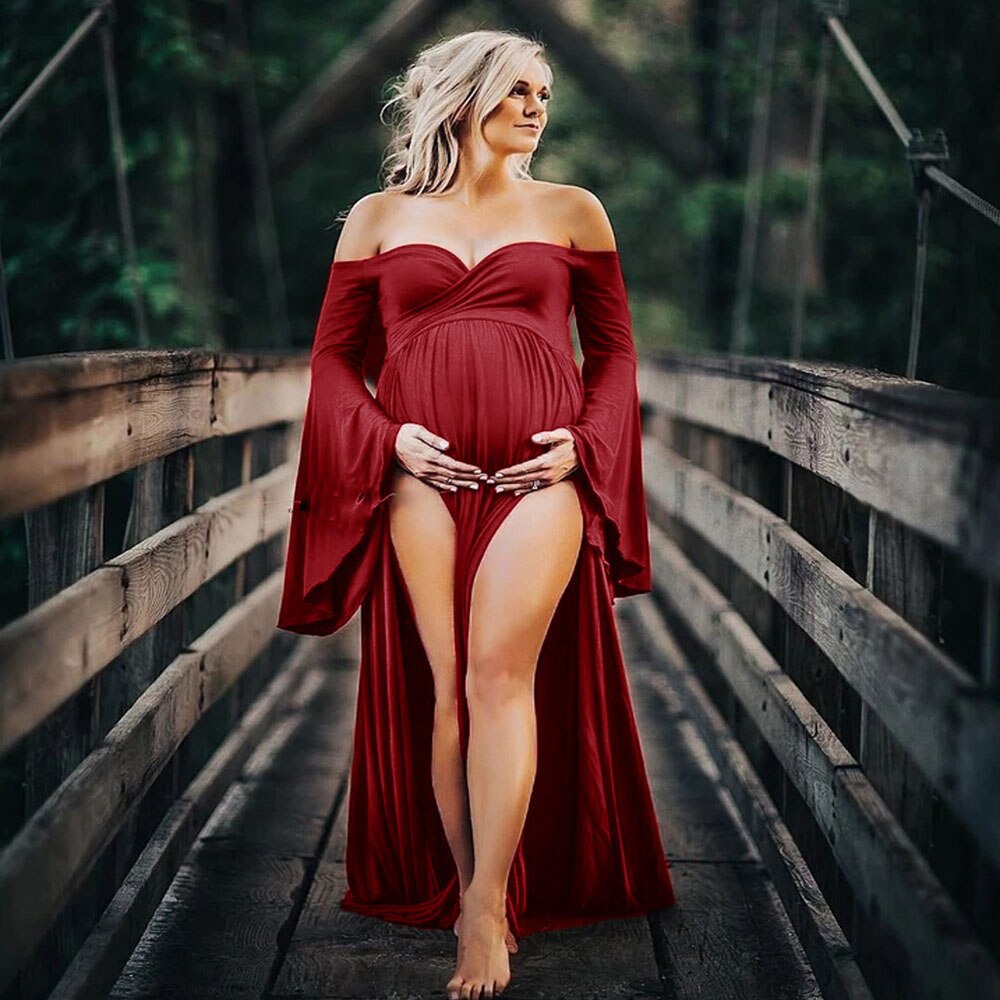 Shoulderless Maternity Photography Props Clothes Maternity Dresses For Photo Shoot Pregnancy Dress Photography Maxi Vestidos: Red / M