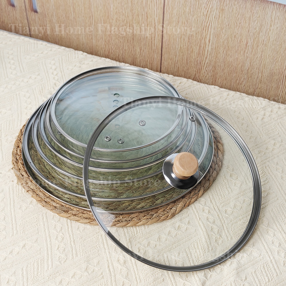 Tempered Glass Pot Lid Wooden Handle Rimmed Pan Lid Spill Shatter-Proof Round Chef Glass Cover for Versatile Home Cooking Pan