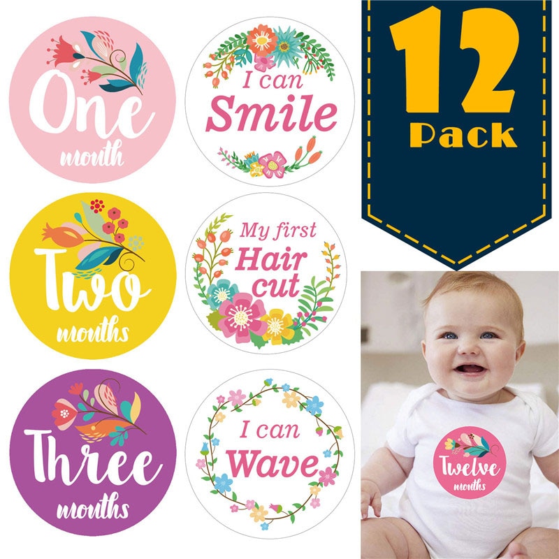 12 Stks/set Eerste Jaar Baby Maandelijkse Milestone Foto Sharing Baby Buik Stickers Geboorte Tot 12 Maanden 8 Bonus Prestatie Stickers