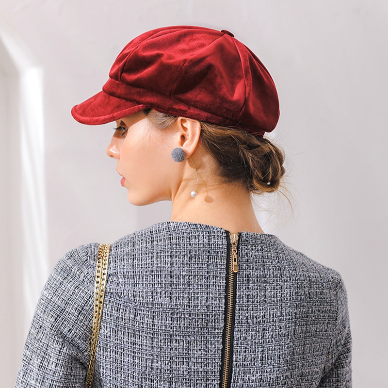 Sammet kvinnor basker höst vinter åttakantiga keps hattar snygg konstnär målare tidningspojke kepsar svart röd basker hattar  m154
