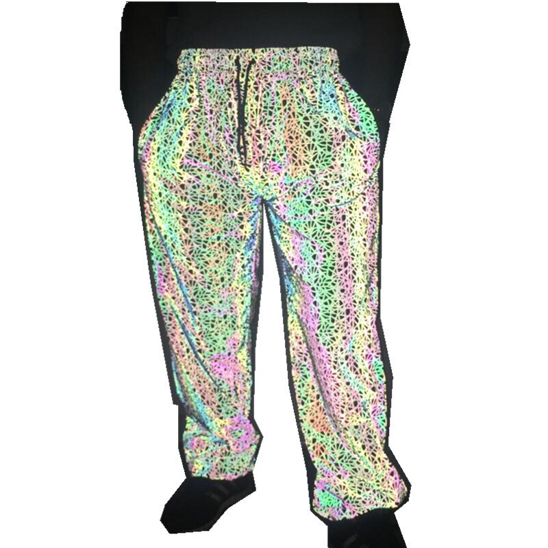 Pantalones Jogger informales luminosos coloridos de hip-hop para hombres europeos y americanos con patrón caótico reflectante