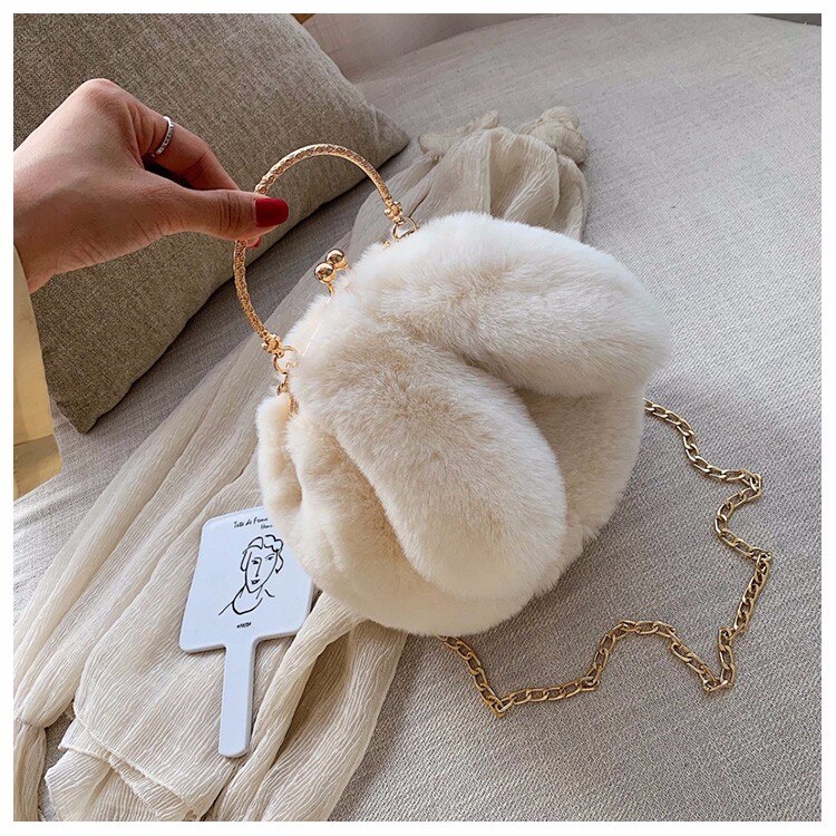 Hocodo Faux Fur Pluche Crossbody Tassen Voor Vrouwen Konijnenoren Leuke Tassen Keten Messenger Bag Dames Handtassen En Portemonnees bolsas: Beige