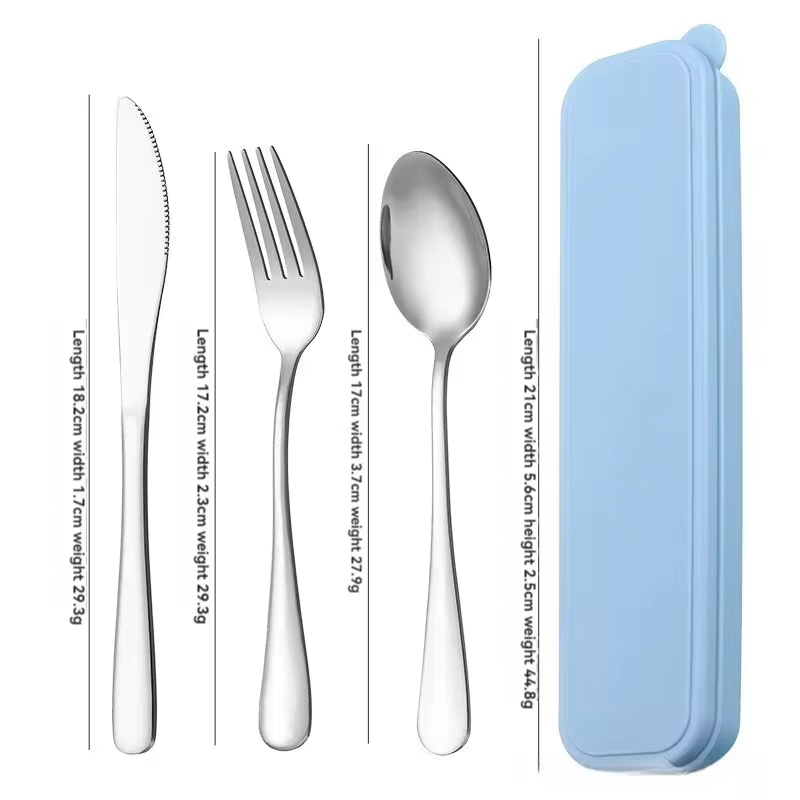 Tragbares Reiseutensilien-Set mit Koffer, wiederverwendbares Besteck aus Edelstahl, Besteck, Campingbesteck, inklusive Gabel, Löffel, Messer: Blau