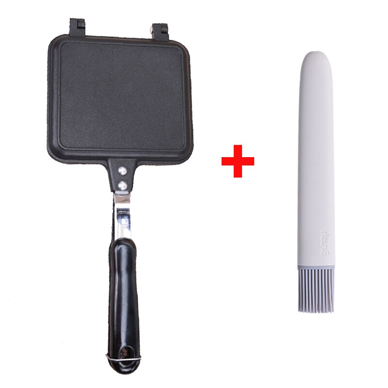 Flat Bottom Double-sided Frying Pan Household Non-stick Sandwich Frying Pot High Heat-resistant Bread Toast Baking Pan: Pot and brush