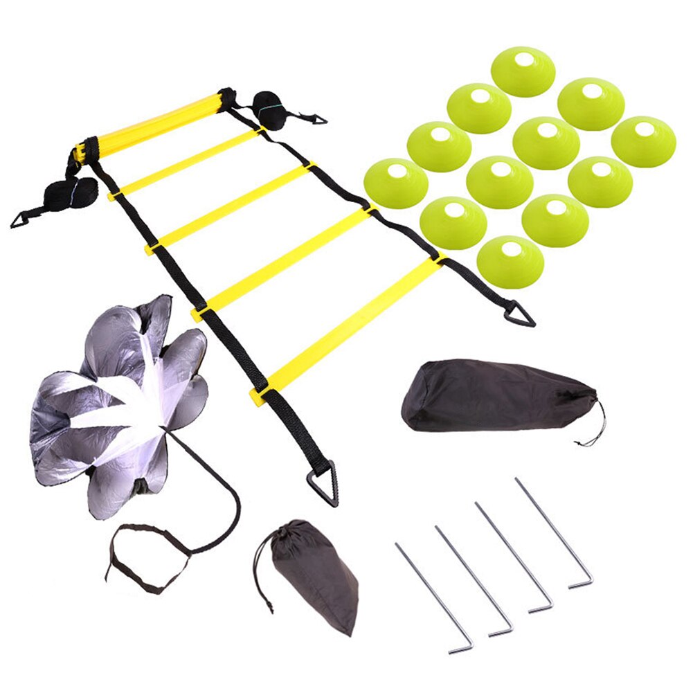 Adjustable Footwork Soccer Football Fitness Speed Rungs Agility Ladder Training Equipment Kit with Resistance Parachute Disc: Green