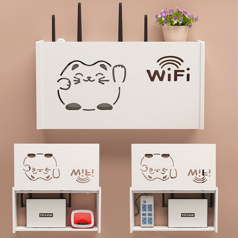 Wifi Router Shelf Wall mount Storage Boxes Cable Power Wire Bracket Storage Box Wood-Plastic Wall Shelf Hanging Plug Bracket Box