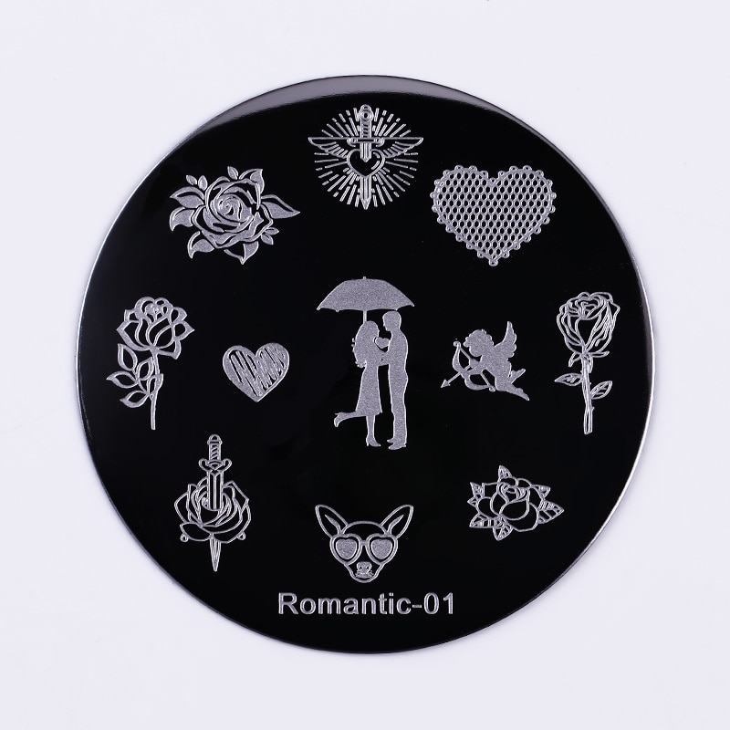 NICOLE DIARY Round Stamping Plate Valentine Series Rose Manicure Nail Art Stamp Image Plate Romantic-01