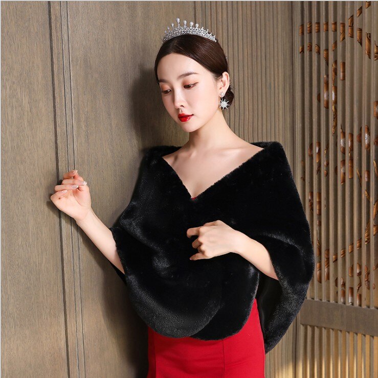 Burgund Schwarz Faux Fell wickeln Frauen Prom Abendkleid Abdeckung hoch Schal Hamdade zucken Pelz Stola Hochzeit Jacke Zubehör