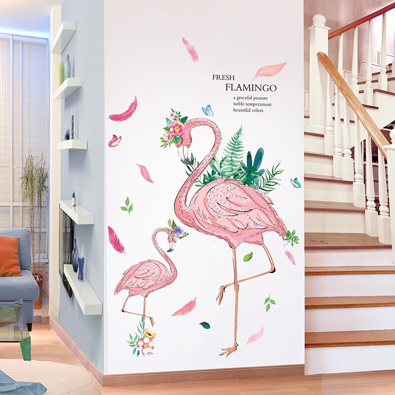 [shijuekongjian] Romantic Flamingo Wall Stickers DIY Cartoon Animals Wall Decals for House Kids Rooms Baby Bedroom Decoration