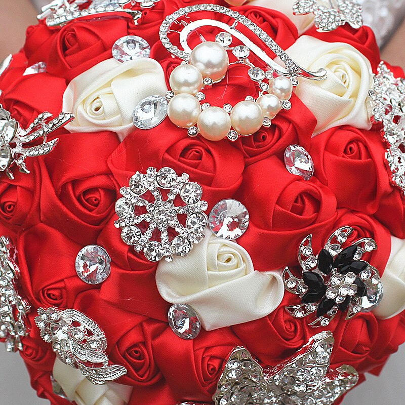 JaneVini Luxury Beaded Red Wedding Bouquets for Brides Satin Rose Mariage Crystal Brooches Rhinestones Pearls Bridal Bouquet