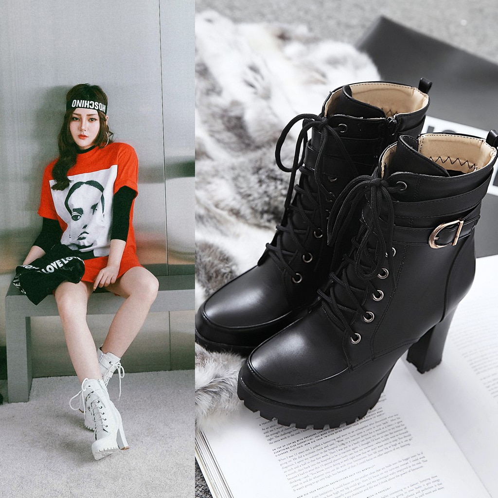 Höga klackar dam ankel boots snörning höst vinter plattform dam boots stor storlek skor vit svart brun
