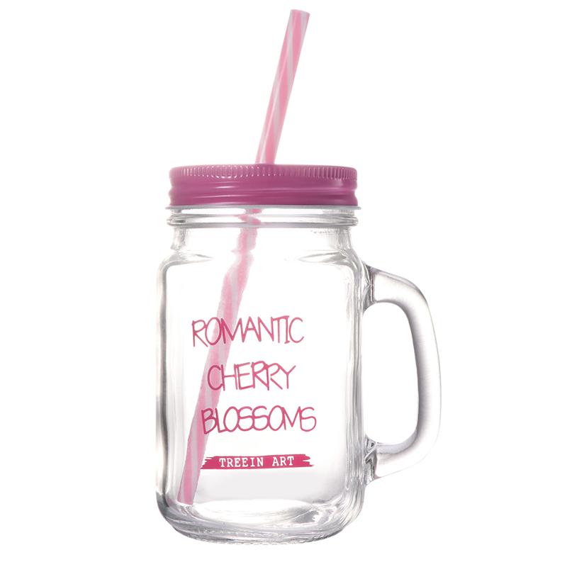 500ML Stro Mason Cup Zomer Draagbare Sap Cup Glas Drinken Beker met Stro Deksel: Pink