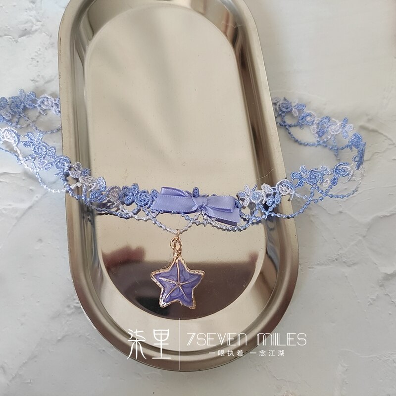 Süße Seestern Blau Gradienten Spitze verträumt Bogen Hülse Halskette Kragen Halsband Hals Kette Süße Lolita Prinzessin Anhänger Ornamente