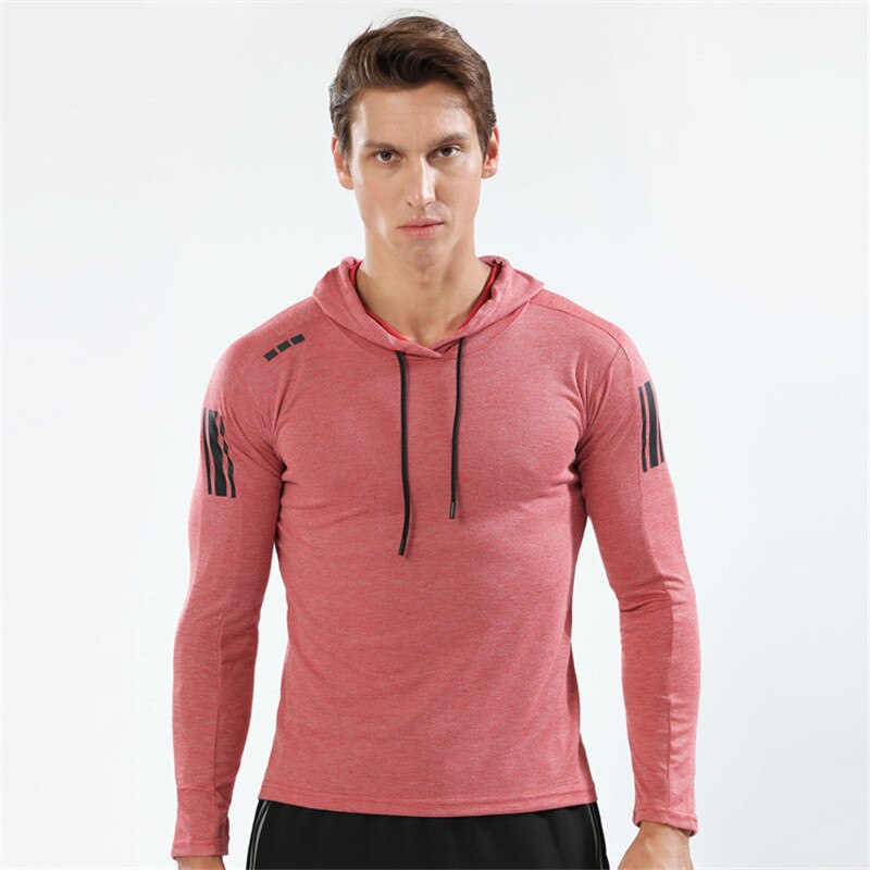 Sportshirt heren rashgard hardloopshirt hoodie met capuchon lange mouwen shirts gym t-shirt fitnesskleding trainingstop sportkleding: Rood / Xl