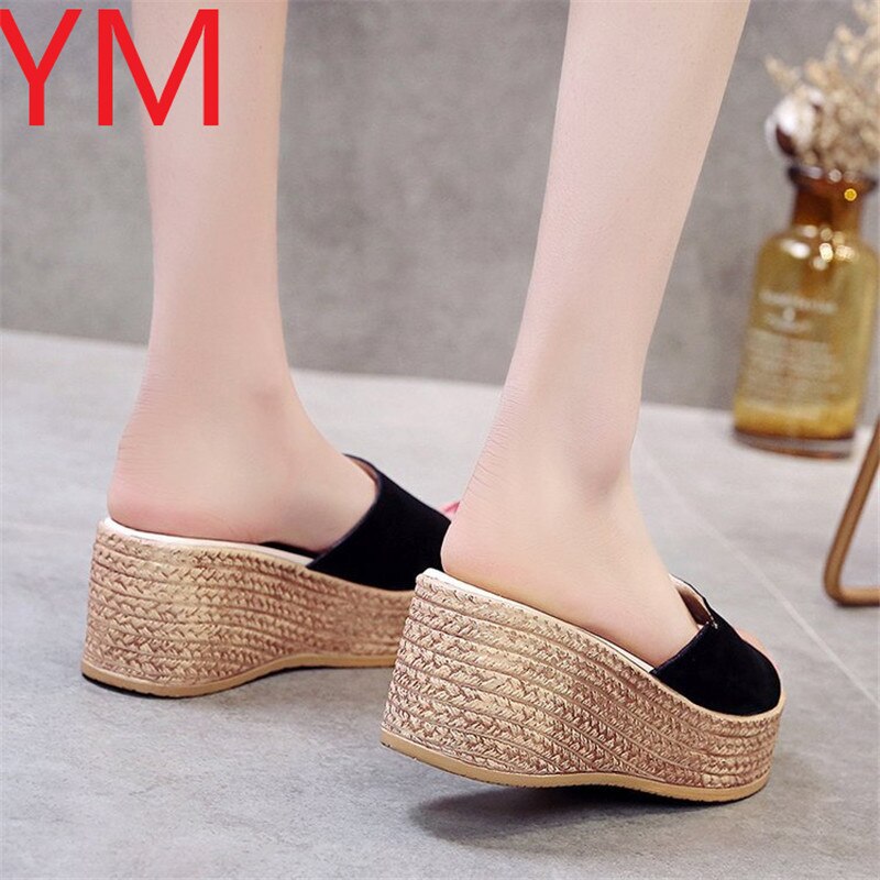 Extérieur été sandales compensées pour femme chaussures femme décontracté paille talons hauts plate-forme dames diapositives femme loisirs