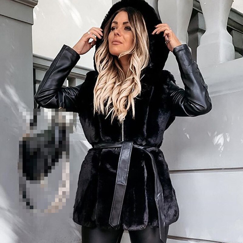 AGong-abrigos de piel sintética con capucha gruesa para mujer, chaquetas de retales de cuero PU a la , abrigos de manga larga elegantes para mujer