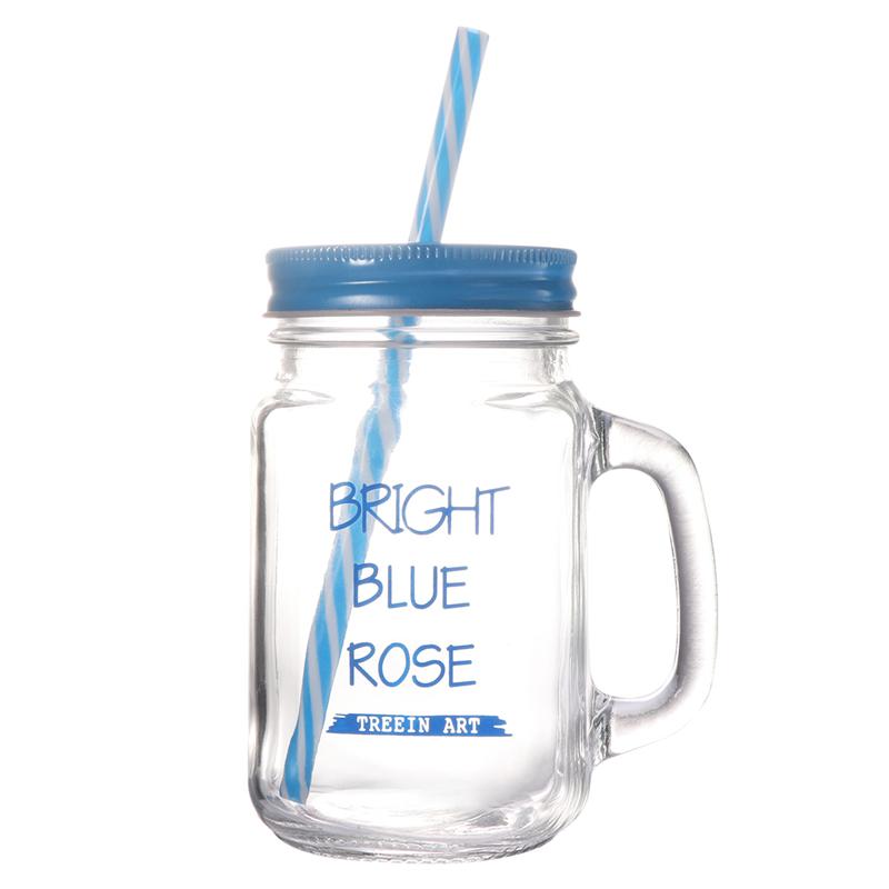 500ML Stro Mason Cup Zomer Draagbare Sap Cup Glas Drinken Beker met Stro Deksel: Blue