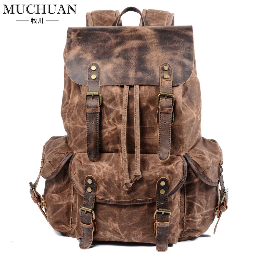 Mochilas de viaje enceradas al óleo para estudiantes de MUCHUAN, mochilas para portátiles impermeables de gran capacidad, mochilas de cuero de lona de algodón puro