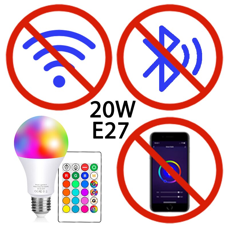 LED E27 Wireless Smart Light Bulb 20W AC85-265V RGBW APP Bluetooth LED WiFi or IR Remote RGB Dimmable Light Bulb Nightlight Lamp: Remote Control 20W