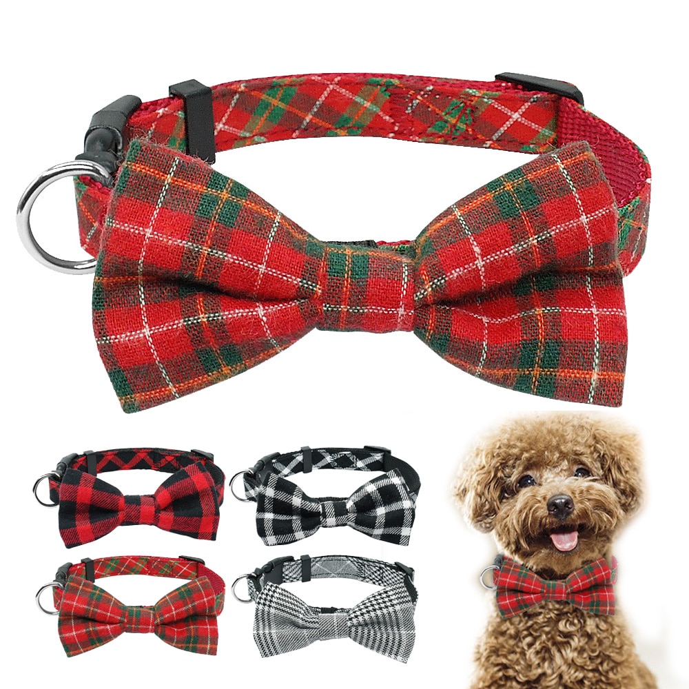 Mode Plaid Halsband Met Bowtie Puppy Verstelbare Strik Halsbanden Voor Small Medium Honden Katten Chihuahua Kerstcadeau