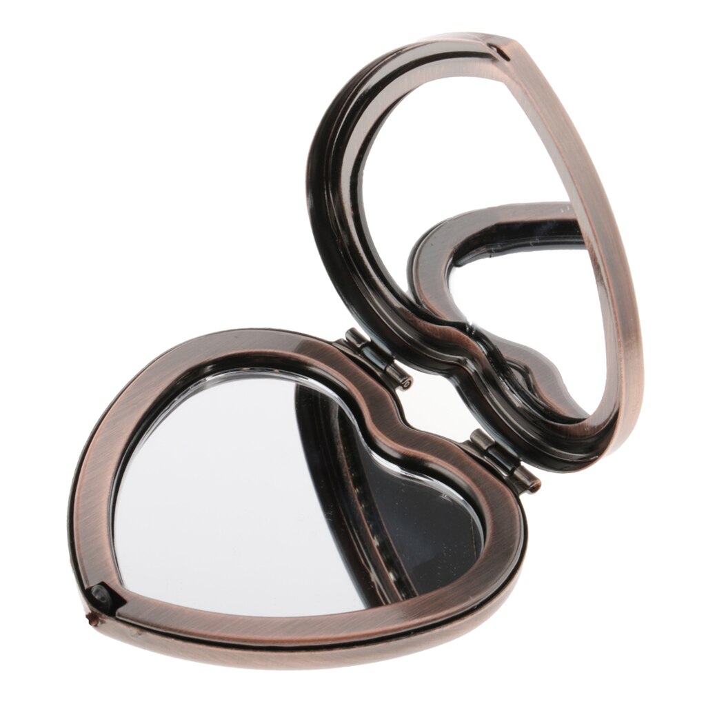 Two Sided Heart shaped Compact Mirror With Metal Frame, 2x Magnification and 1x True View Make Up Mirror: Red Copper