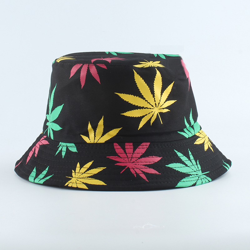 Hip hop grøn hvid sort blad print fiskeri hat panama spand hatte til mænd kvinder sommer bob vendbar spand cap: Farverig sort