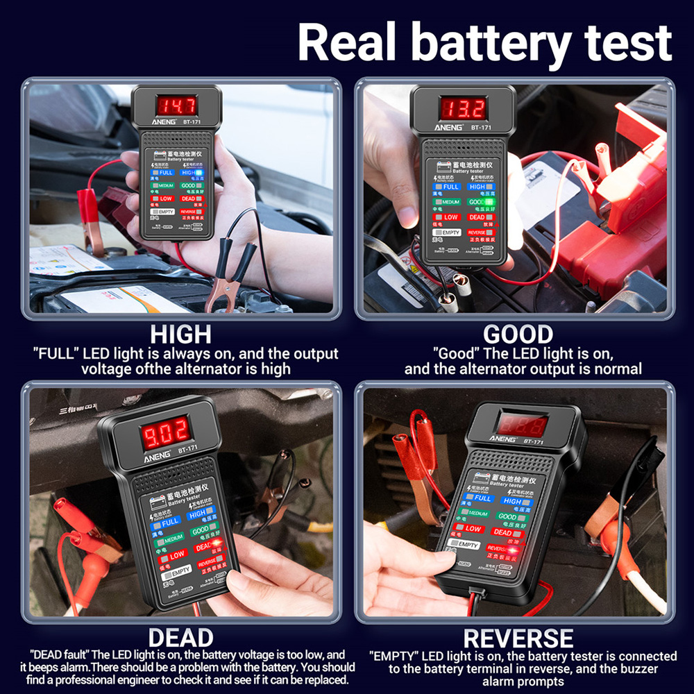 Probadores de batería multifuncionales BT-171, 12V, detección industrial de reparación de automóviles con pantalla LED de visualización inversa, diagnóstico de electricista