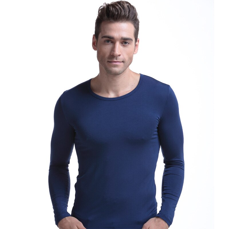 Men Undershirts Modal Underwear Sleepwear Muscle Tight Fitness Shirts Autumn Spring Long Sleeve Pajamas Plus Size Camisetas 3XL: Navy / L