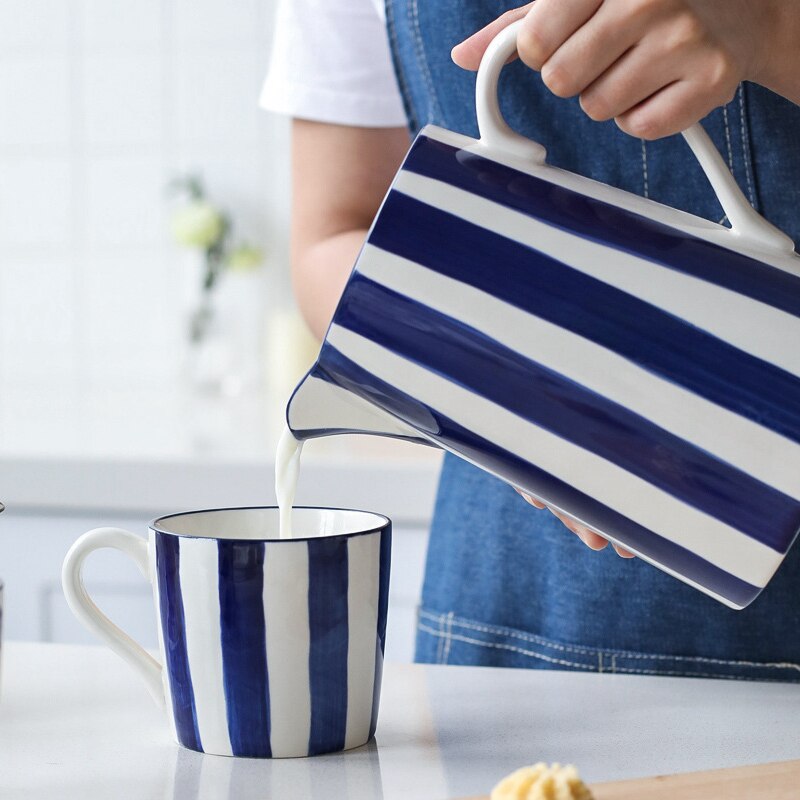 Pichet à eau en céramique bleu 1,5 l, bouteille de jus de thé au lait, Pot d&#39;eau de cuisine domestique, bouilloire, tasse, Pot d&#39;eau pour micro-ondes