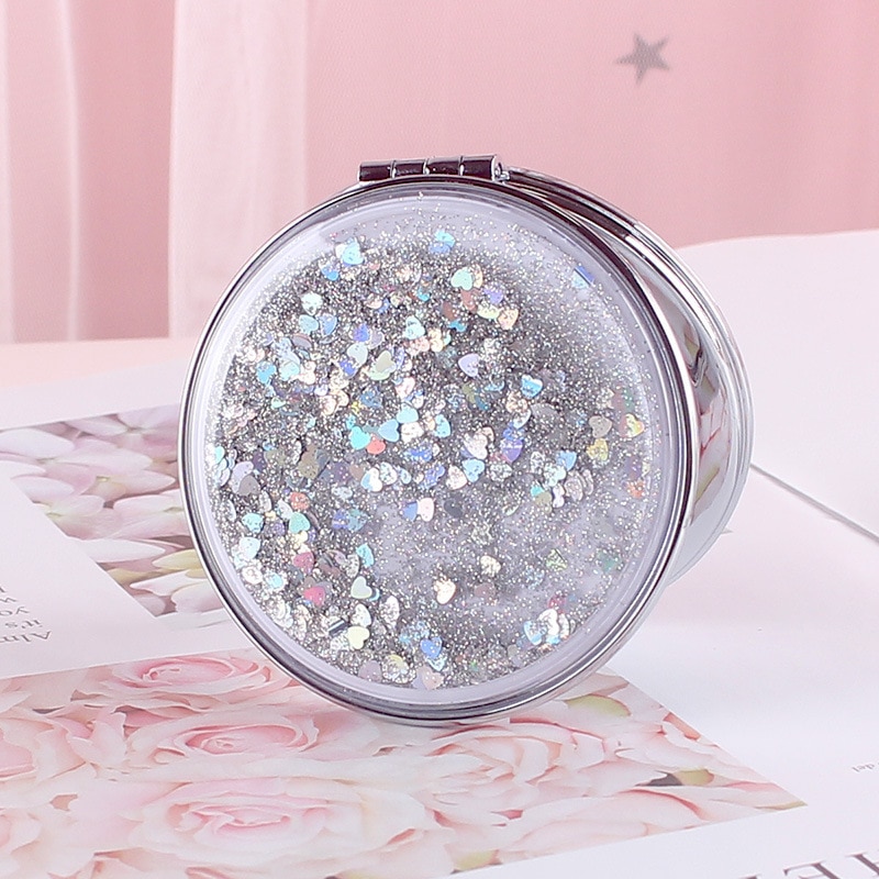 Portable Double-Sided Folding Cosmetic Mirror Female With Flowing Sparkling Sand Mini Makeup Mirror Compact Pocket Mirrors
