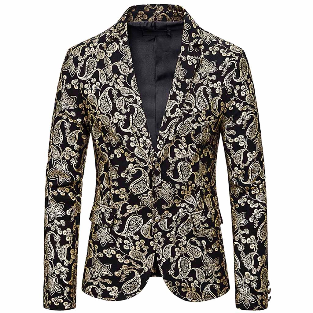 Men's Business Wedding Party Gold Stamp Button Blazer - Autumn Winter Casual Outwear: Gold / XL