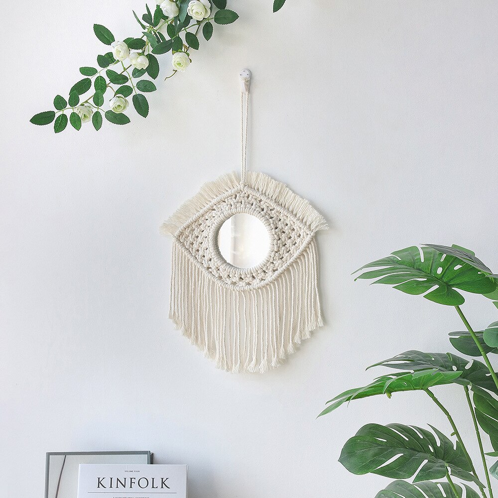 Espejo de pared colgante con flecos de macramé, redondo, bohemio, decoración artística para apartamento, sala de estar, dormitorio de bebé, guardería, entrada: 07