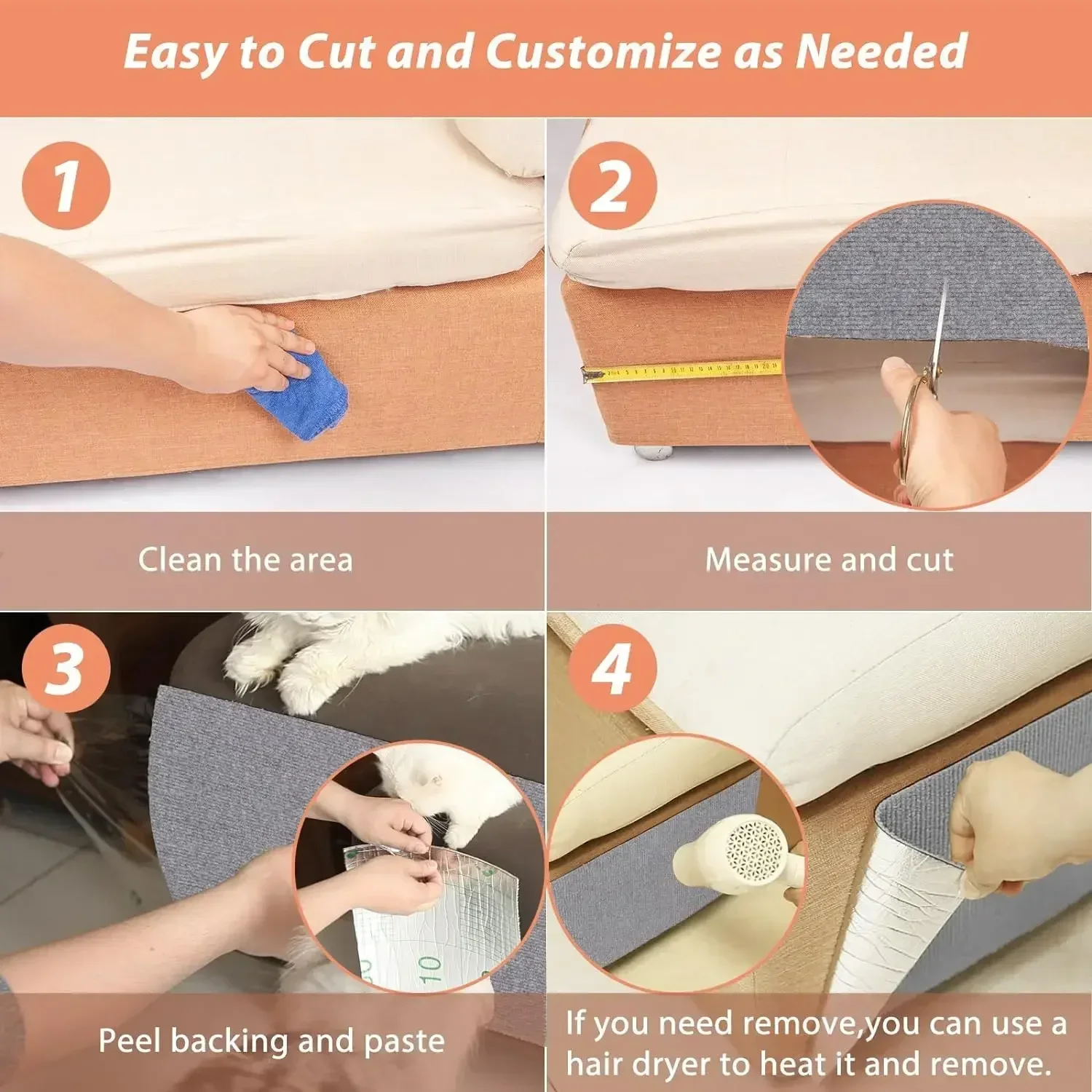 Protector de sofá para rascador de gatos, tablero de protección, alfombra autoadhesiva recortable, pared de esquina, estera para rascar gatos DIY