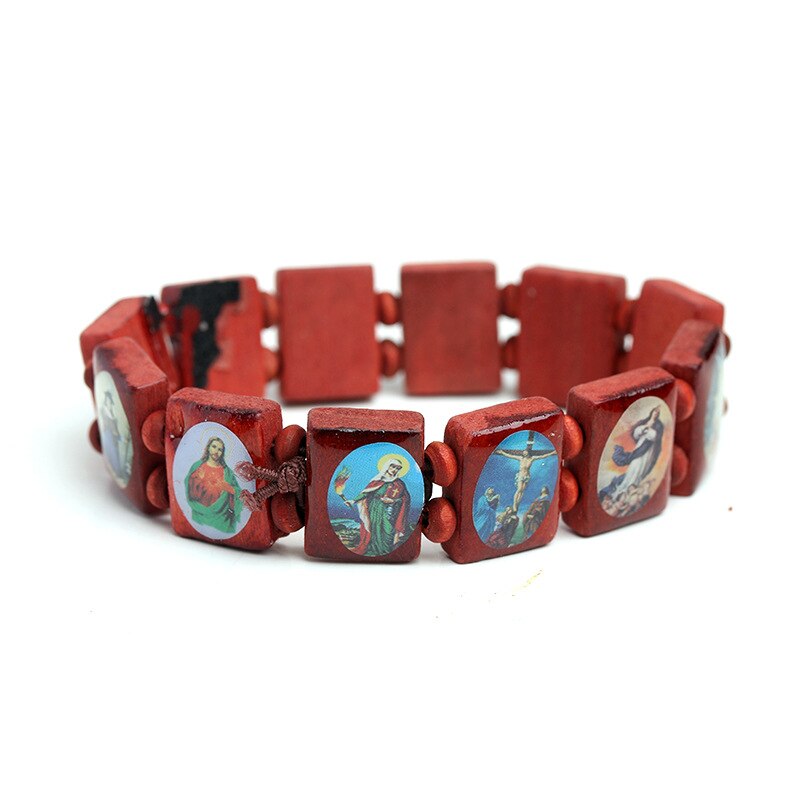 FIMAODZ Heilige Benedict Medaille Kreuz Armbinde Heilige Jesus Religiöse Holz Katholischen Symbol Armbänder Jahrgang Charme Armreifen Männer: Wein rot