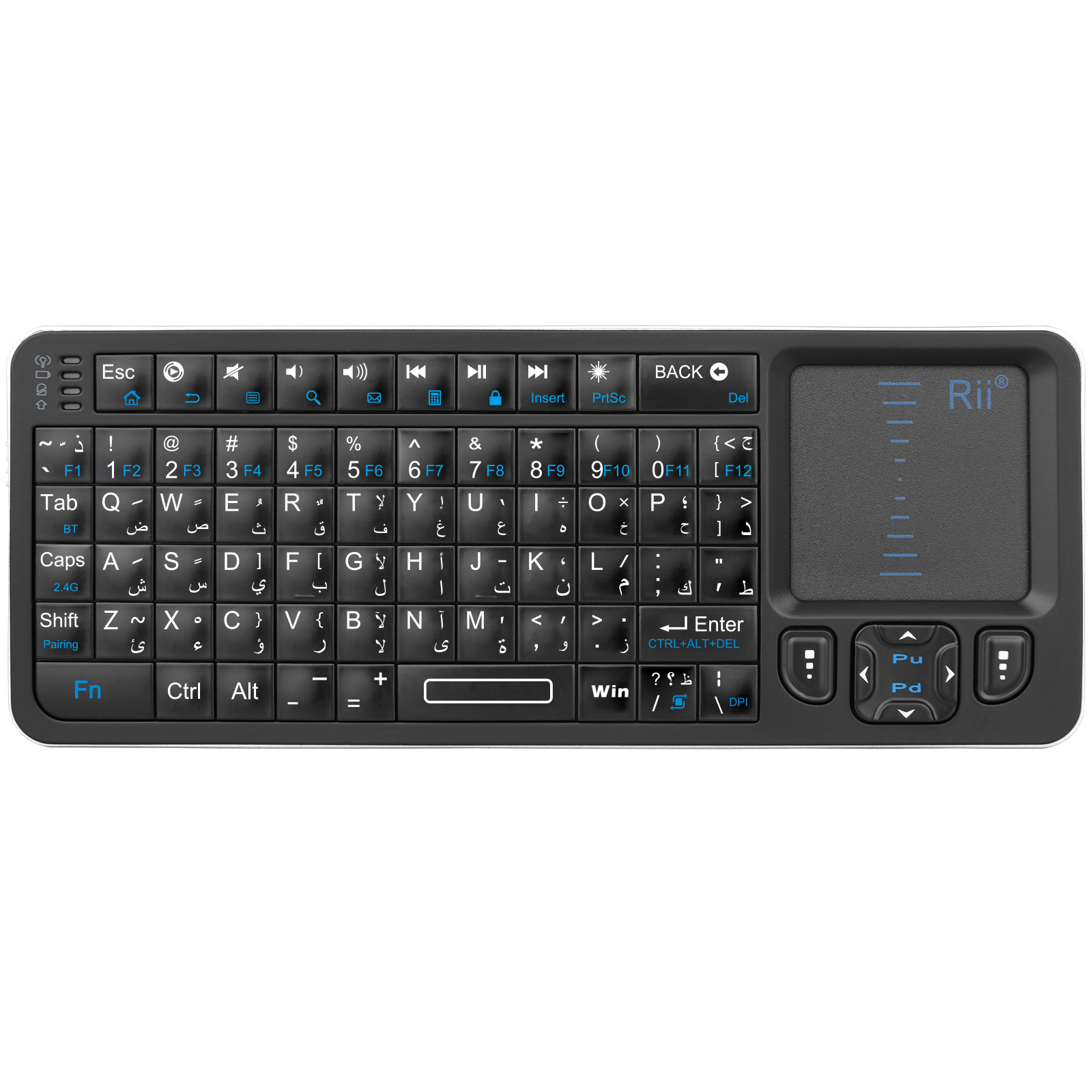 Rii K06 Mini Bluetooth-toetsenbord, 2,4 GHz draadloos toetsenbord met achtergrondverlichting en IR Learning Touchpad Android TV Box, Mac, laptop, Windows