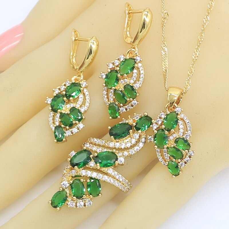 Charmante paarse zirkoon gouden sieraden sets voor vrouwen bruiloft oorbellen ketting hanger ringen doos: Groente / 6