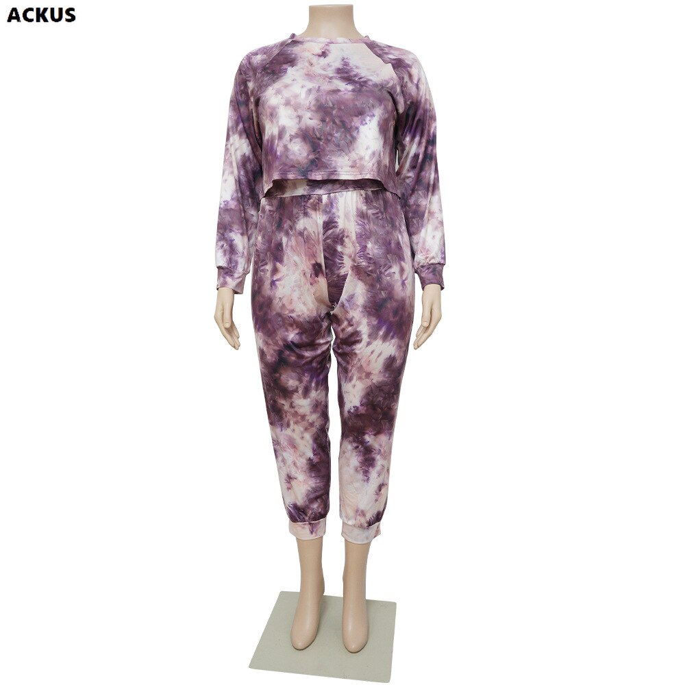 Ackus Vrouwen Plus Size Set Tie Dye Crop Tosp + Stretchy Broek Twee 2 Stuk Sets Mode Outfit Casual Trainingspak sweatsuit Herfst