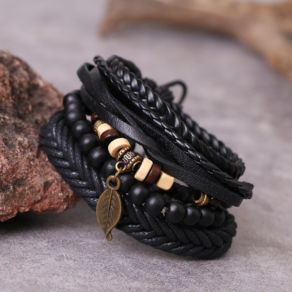 Ifmia Zwarte Mannen Armbanden Vintage Multilayer Leather Braid Armbanden Armbanden Leaf Handgemaakte Rope Wrap Armbanden Mannelijke Jewlery