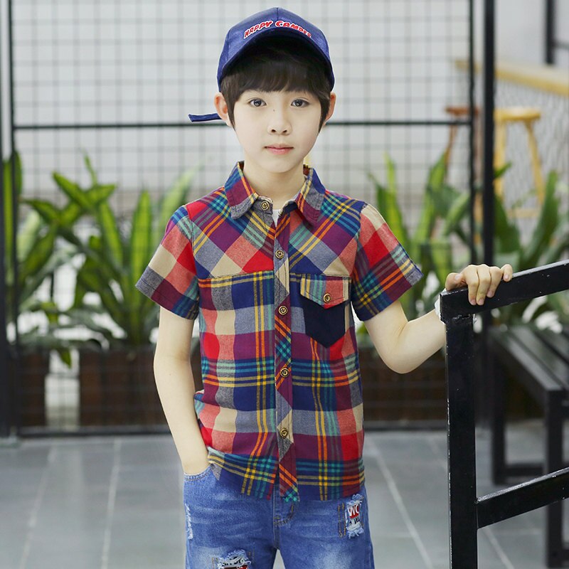 Camisas a cuadros para niños, ropa de algodón cómoda con cuello vuelto, manga corta, 5, 7, 9, 11, 13, 14 años, de verano